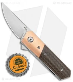 Boker Stubby Kwaiken Exclusive Flipper Knife Cu/Green Micarta (2" Satin) -Boker Boker Stubby Kwaiken Flipper Brass Bolster Green Canvas Micarta Satin 01BO229SOI BHQ 107932 jr bottlecap