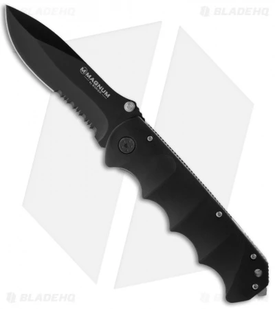 Boker Magnum Black Spear Point Liner Lock Knife (3.875" Black Serr) 01RY247 1 Boker Magnum Black Spear Point Liner Lock Knife (3.875" Black Serr) 01RY247